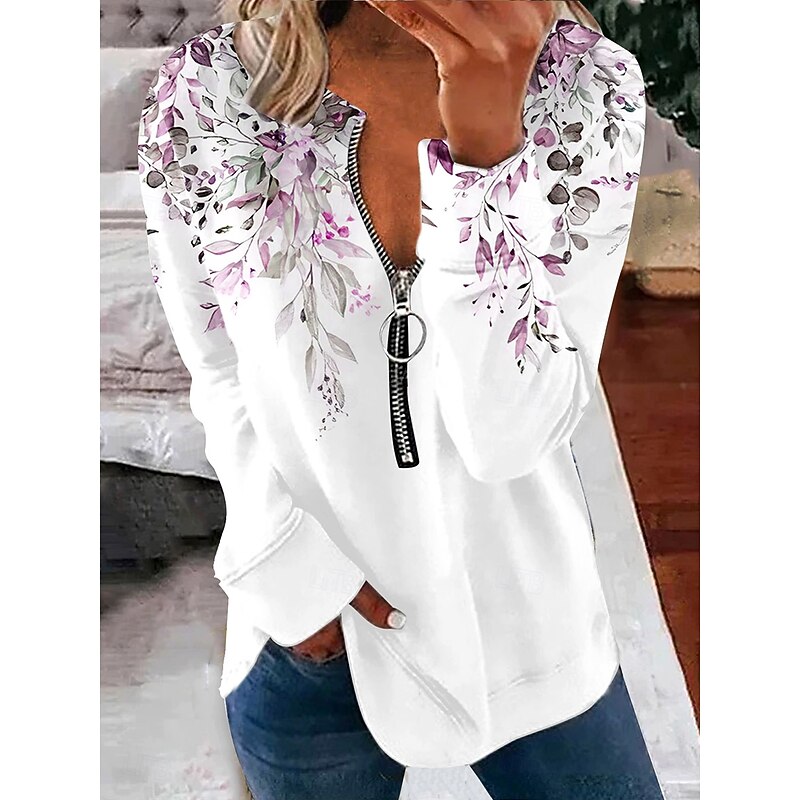 Women's Pullover Sweatshirt Zip Up Sweatshirts Floral Graphic Fashion Casual Long Sleeve Crew Neck Regular Tops Street Dailywear Zipper Print Light Green Pink Purple Fall Winter3