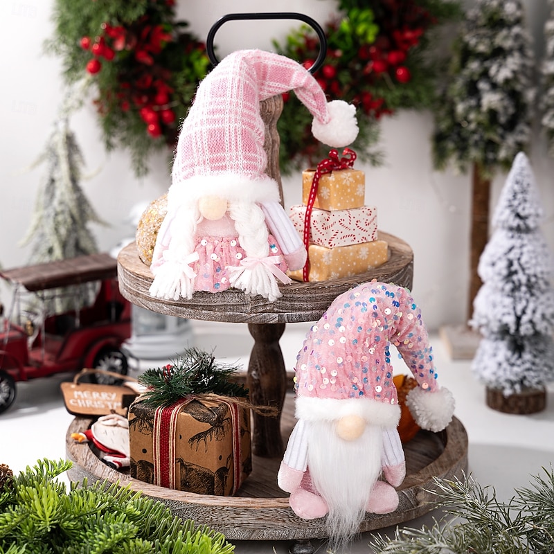 2Pcs Pink Christmas Gnome Plush Decorations, Sequin Standing Santa Claus Snowman Reindeer Dolls, Holiday Tabletop Ornaments2