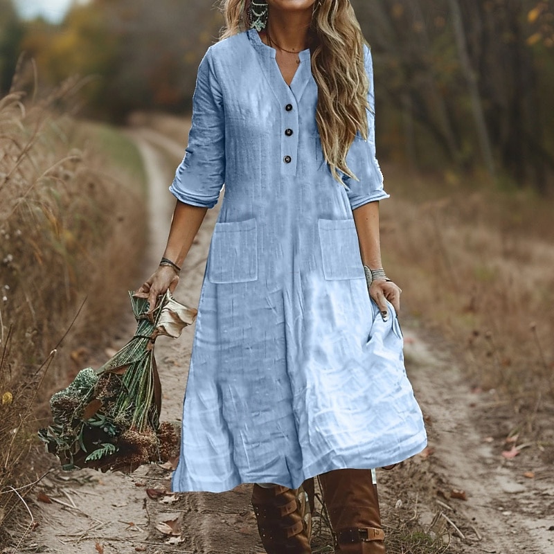 Women's Midi Dress Casual Dress Cotton Linen Dress Classic Modern Outdoor Vacation Holiday Regular Fit Plain Long Sleeve V Neck Black Purple Orange Light Blue Fall2