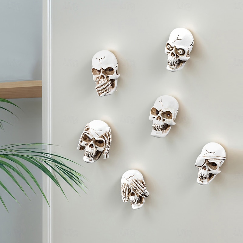 6PCS Halloween Resin Skull Magnets Set – Hand-Painted Vintage Style Magnetic Refrigerator Stickers, Easy Detach, Horror Decor for Metal Surfaces, Festive Home & Halloween Party Decoration