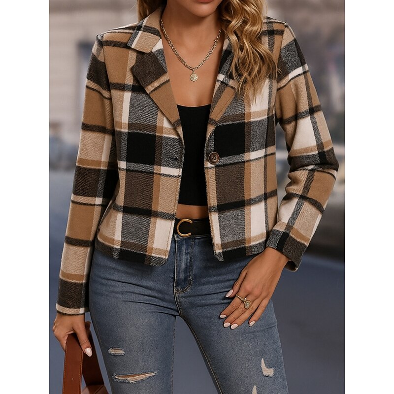 Women's Casual Jacket Comfortable Breathable Print Casual Plaid Vacation Street Casual Daily Wear Single Breasted Short Turndown Regular Fit Long Sleeve Outerwear Sky Blue Fuchsia Khaki Spring Fall3