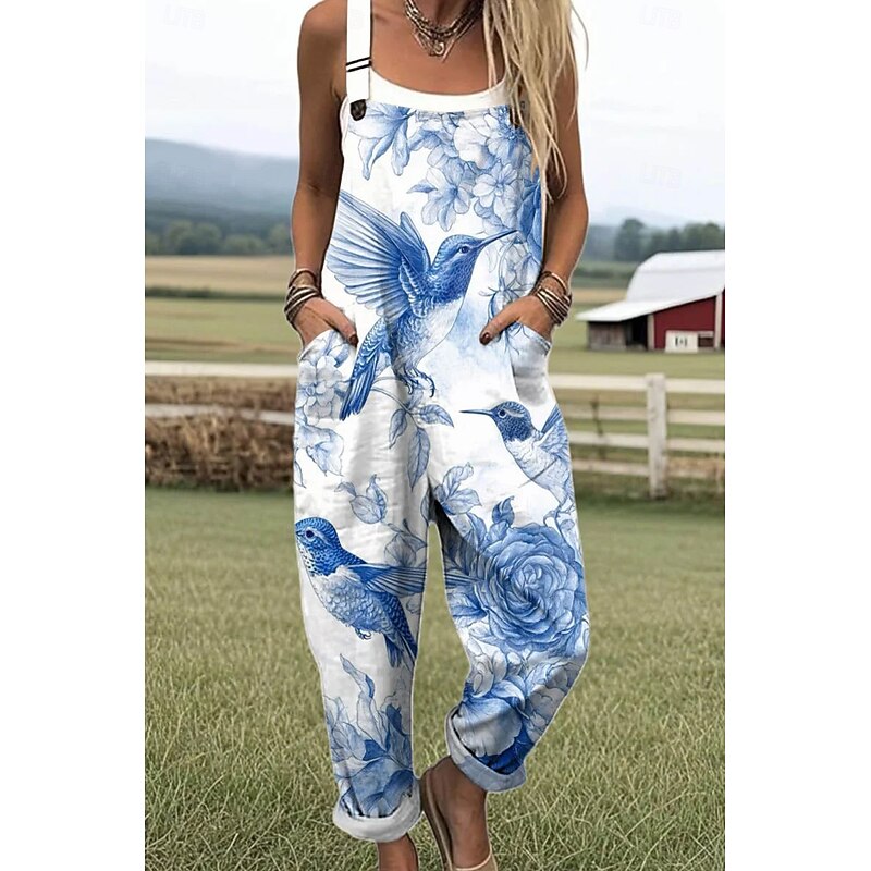 Women's Dungarees Active Floral Sleeveless Sleeveless Straight Square Neck Pocket with Pocket Vacation Daily Loose Fit Light Green Blue Green Summer2