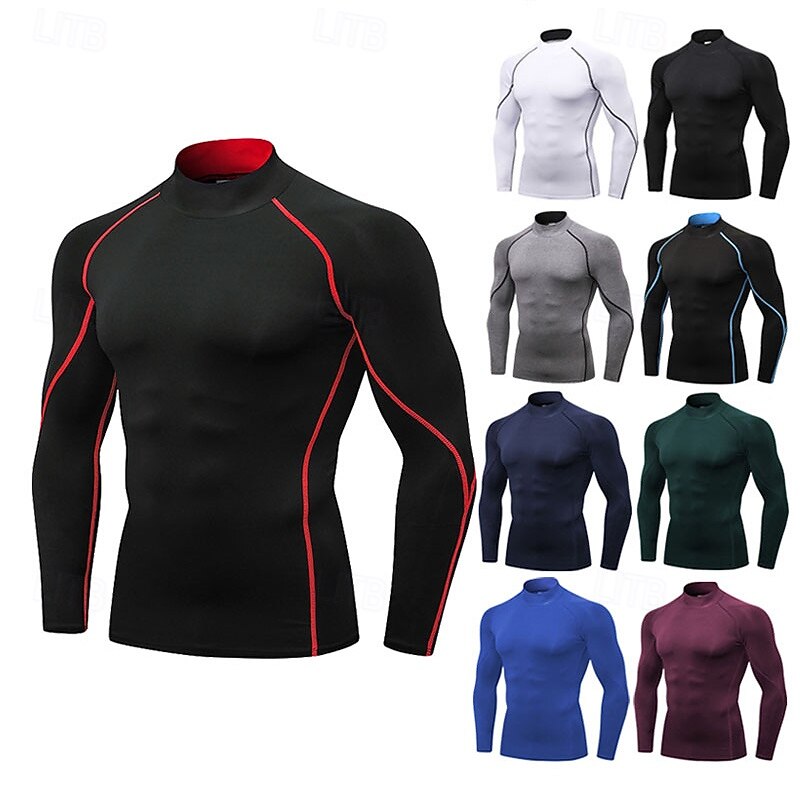Men's Compression Shirt Workout Base Layer Workout Tops Long Sleeve Top Athleisure Fall Solid Colored Quick Dry Gym Basketball Athletic Sportswear Activewear Green / Black Black White