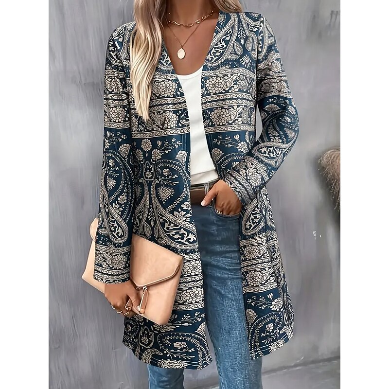 Women's Winter Coat Trench Coat Lightweight Comfortable Print Open Front Vintage Fashion Casual Floral Vacation Casual Long Collarless Regular Fit Long Sleeve Outerwear Blue Purple Green Spring Fall