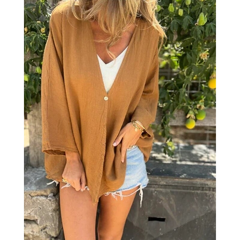Women's Texture Blouse Blouse Plain Modern Casual Long Sleeve V Neck Regular Tops Daily Holiday Buttons Black Orange Brown Green Dark Gray Fall3