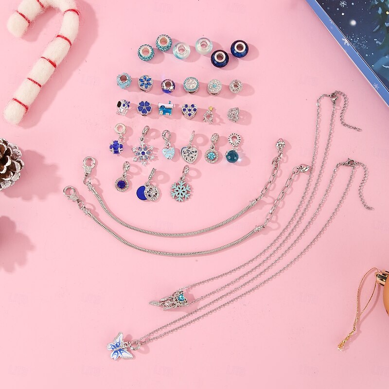 Christmas Advent Calendar Bracelets 2025 for Girls, Blue Style 31 Days DIY Jewelry Making Kit with 27 Charm Accessories, 2 Adjustable Bracelets and 2 Necklaces, Xmas Countdown Gift for Kids Teens Wo4