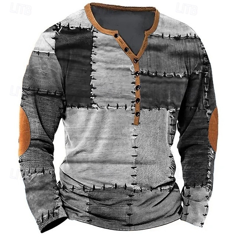 Men's Patchwork T Shirt Henley Shirt Tee Long Sleeve Vintage Designer Stylish Outdoor Casual Daily Spring & Summer All Seasons Purple Green Khaki Coffee Gray Henley Henley T-Shirt4