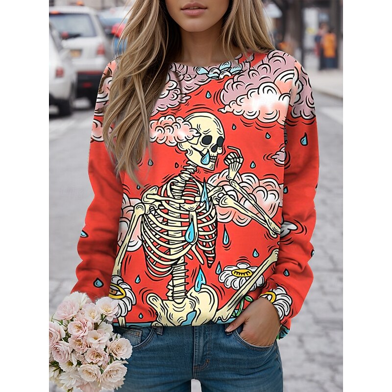Halloween Women's Sweatshirts Skulls Graphic Casual Long Sleeve Crew Neck Regular Tops Street Casual Holiday Print Black Red Blue Purple Spring Fall Winter