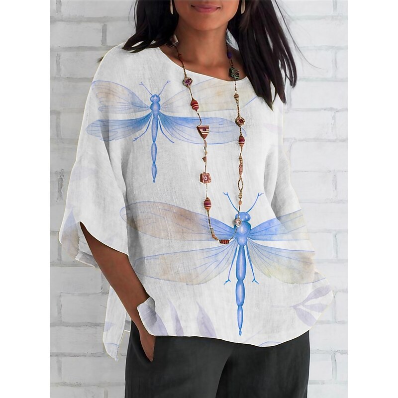 Women's Shirt Dragonfly Daily Casual 3/4 Length Sleeve Crew Neck Regular Tops Daily Holiday Print Yellow Blue Purple Green Summer Spring Fall3