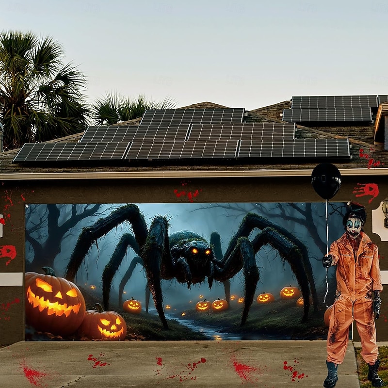 Halloween Garage Door Cover Large Hanging Backdrop Spider 3D Fantasy Dark Punk Gothic Style Party Outdoor Shooting Backgrounds Yard Haunted House Home Decor4