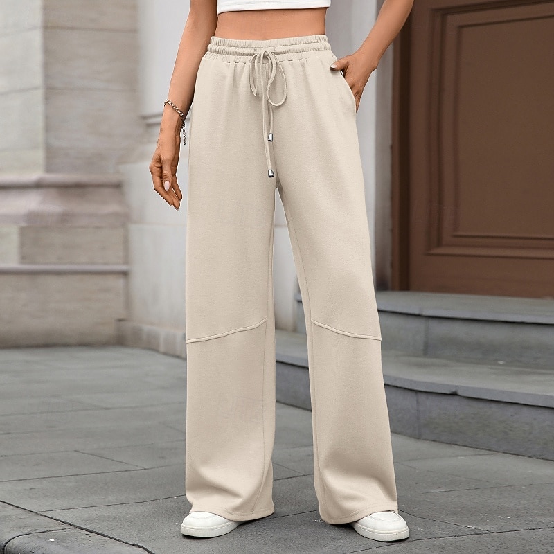 Women's Wide Leg Slacks Streetwear Casual Full Length Natural Plain Pocket Elastic Drawstring Design Comfy Street Daily Wear Weekend claret Apricot Jacinth Black Fall Regular Fit