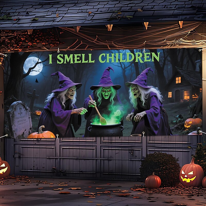 Halloween Garage Door Cover Large Hanging Backdrop Witch Dark Punk Gothic Style Party Outdoor Shooting Backgrounds Yard Haunted House Home Decor3