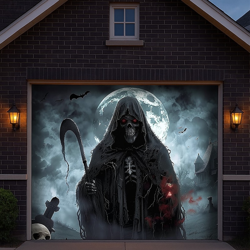 Halloween Garage Door Cover Grim Reaper Skeleton Banner Moonlight Cemetery Scene Scary Haunted House Backdrop Tapestry for Outdoor Decoration4