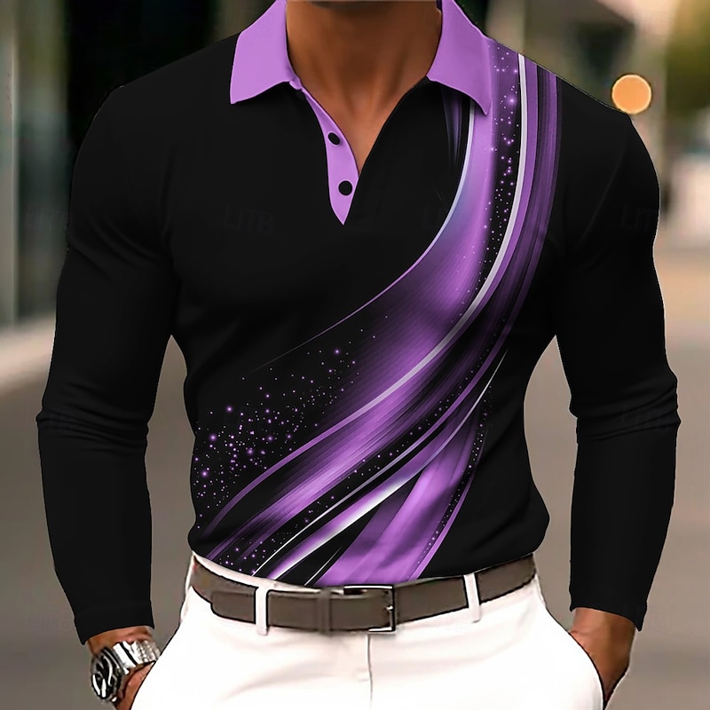 Men's Geometic Line Polo Long Sleeve Polo Shirts Lapel Business Casual Athleisure Daily Wear 3D Print Buttons Spring Fall Winter Blue Purple Brown2