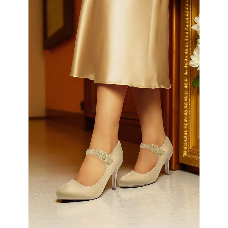 Women's Champagne Satin Mary Jane Heels with Crystal Buckle, Elegant Pointed Toe Pumps for Cocktail Parties