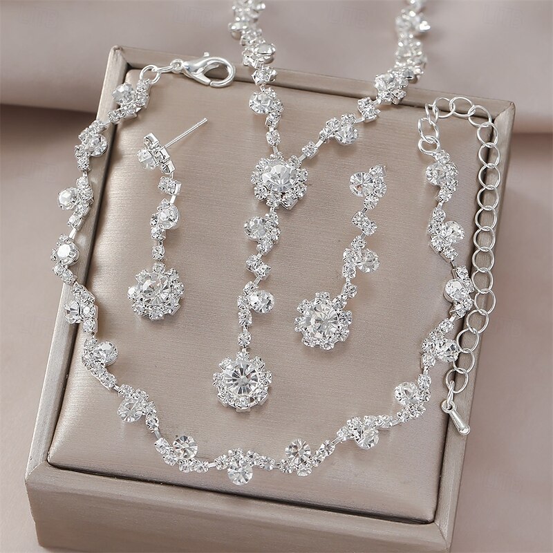 Jewelry Set Three-piece Suit Black Rhinestone Chrome 1 Bracelet Earrings Necklace Women's Elegant Vintage Fashion Vintage Style Classic Round Jewelry Set For Wedding Party Wedding Guest3