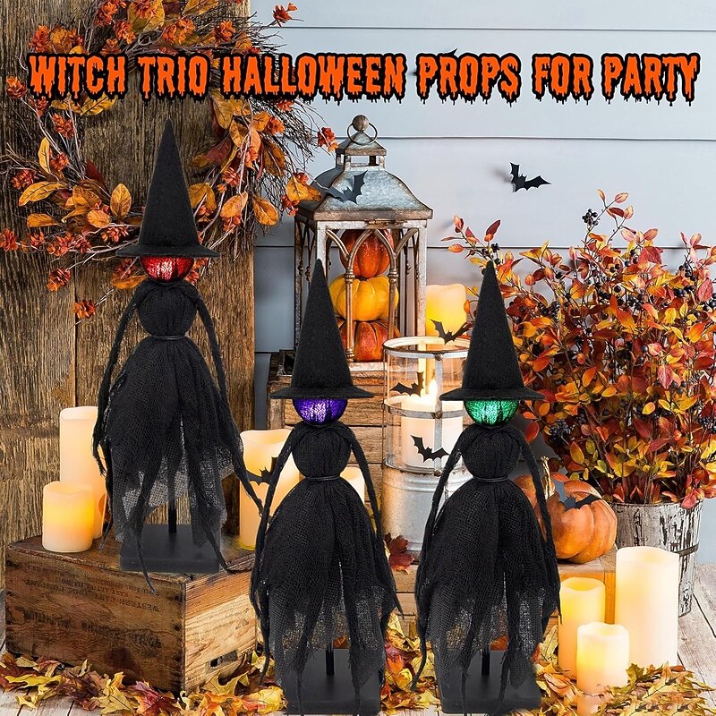 3 Pack Vintage Witch with Hats 3 LED Colors Spooky Halloween Witch Statue for Mantel, Home, Kitchen, Office, Shelf, Porch, Tabletop, Halloween Decor4