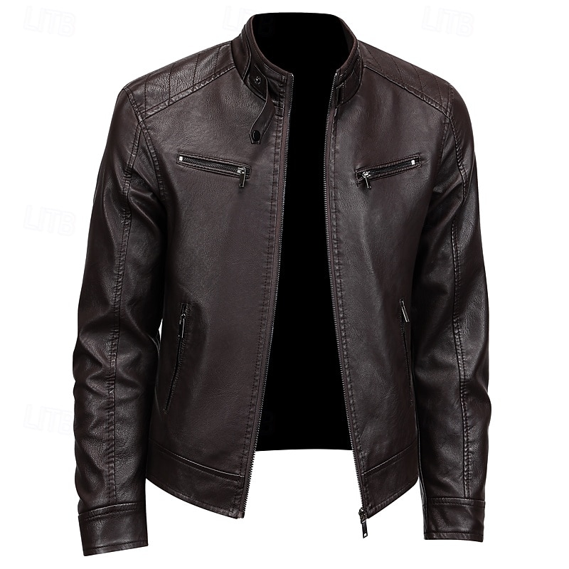 Men's Faux Leather Jacket Motorcycle Jacket Outdoor Vacation Warm Zipper Pocket Fall Winter Plain Fashion Streetwear Standing Collar Regular Black Wine Brown Coffee Jacket