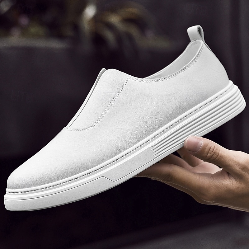 Men's White Slip - on Leather Shoes - Minimalist & Comfortable, Suitable for Busy Professionals in Office & Casual Settings2