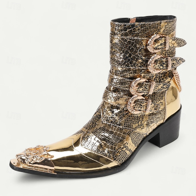 Men's Gold Crocodile-Pattern Ankle Boots – Rocker Style Western Boots with Buckles for Parties, Concerts and Nightlife Fashion3