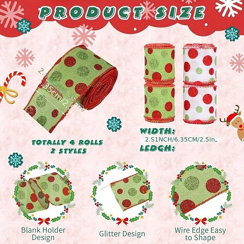 4Pcs Christmas Ribbon Set, Glitter Wired Polka Dot Ribbons, Holiday DIY Craft Decorative Ribbons for Christmas Tree Decoration2