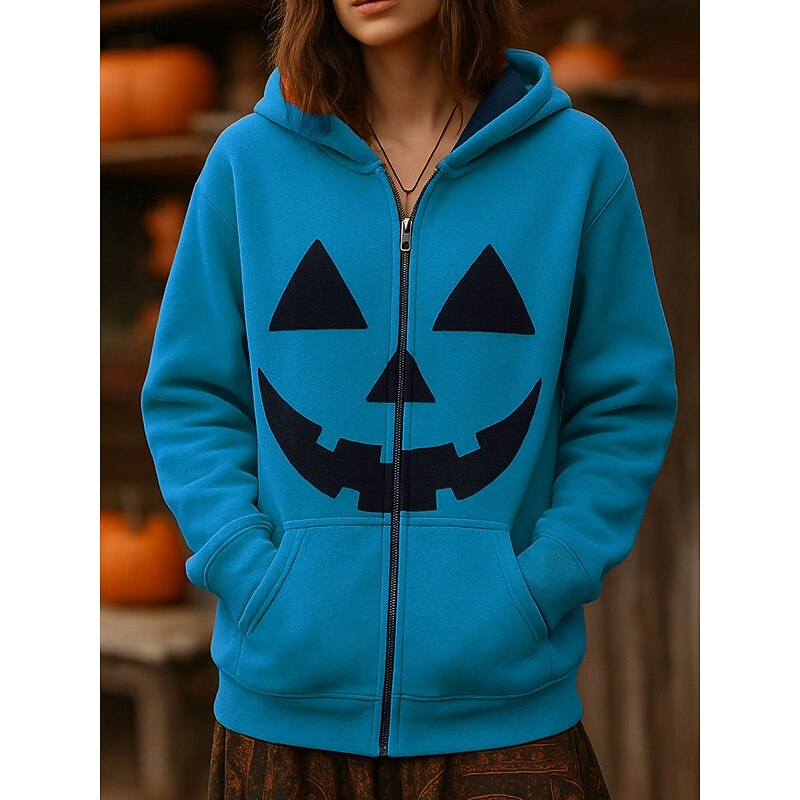 Halloween Women's Zip Up Hoodies Pumpkin Graphic Fashion Casual Long Sleeve Hooded Regular Tops Street Dailywear Casual Zipper Pocket Print Blue Purple Orange Green Spring Fall3