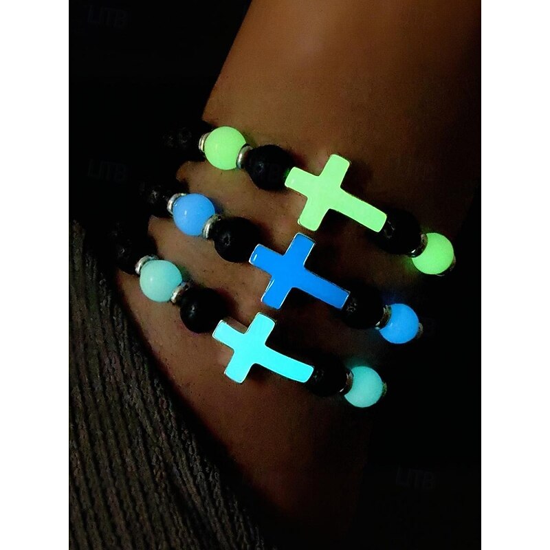 Men's Glow-in-the-Dark Cross Bracelet – Volcanic Rock and Fluorite Beads, Adjustable, Perfect for Halloween and Casual Wear