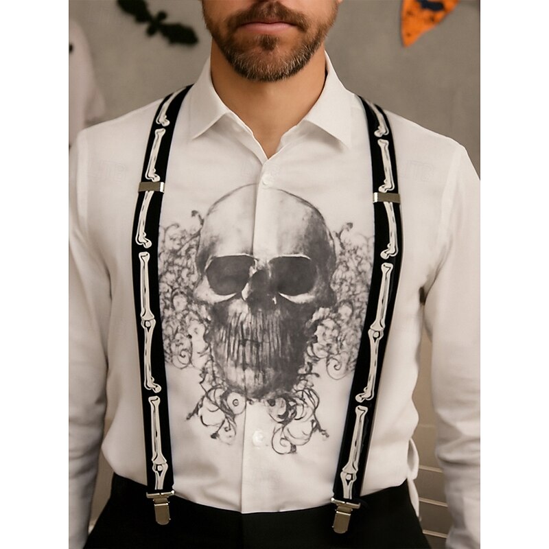 Men's Halloween Skeleton Bone Suspenders — Black Adjustable Elastic Y-Back Braces with Heavy-Duty Metal Clips, Gothic Style for Adults, Costume Parties, Cosplay & Themed Events2