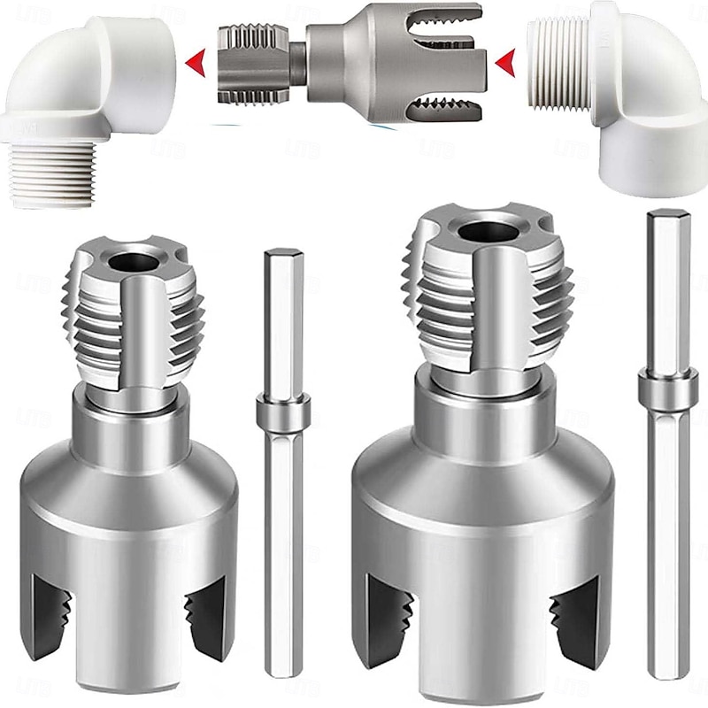 2Pcs Pipe Thread Cutting Tool  Integrated Internal & External Pipe Threading Tool 1/2'' and 3/4'' Water Pipe Internal &External Integrated Threader with Electric Drill Pipe Threader Rethreading Kit2