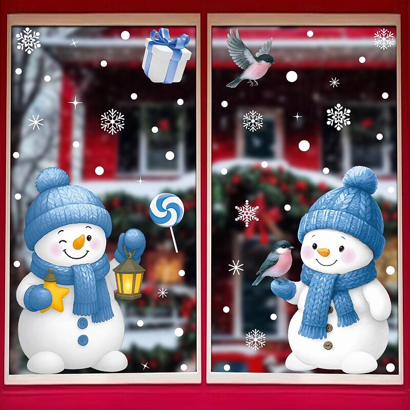 4 Sheets Christmas Window Cling Wall Sticker Decals Decorations, Creative Bells, Gift Boxes, Snowflakes, Candy & Snowmen, Static Cling, Christmas Party Home Decor2