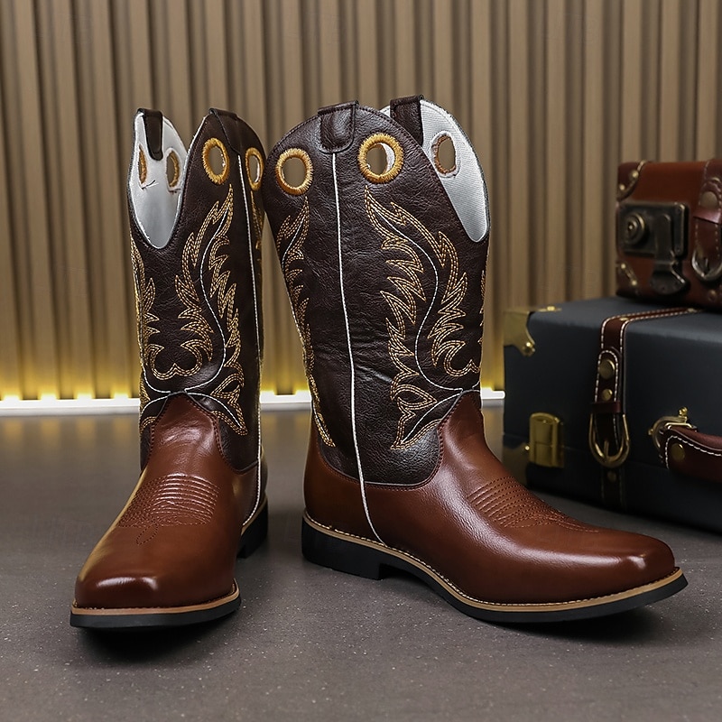 Men's Brown and Black Western Cowboy Boots – Embroidered Tall Riding Boots for Country Events, Rodeos and Music Festivals2