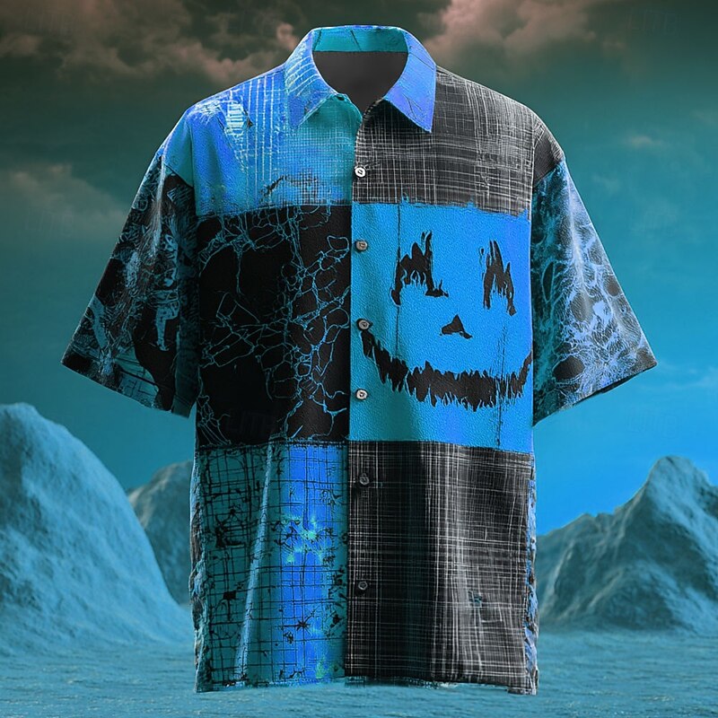 Halloween Men's Color Block Pumpkin Patchwork Shirt Summer Shirt Button Up Shirt Short Sleeve Dark Gothic Style Holiday Streetwear Summer Spring Turndown 3D Print Collared Shirts Yellow Blue Orange2