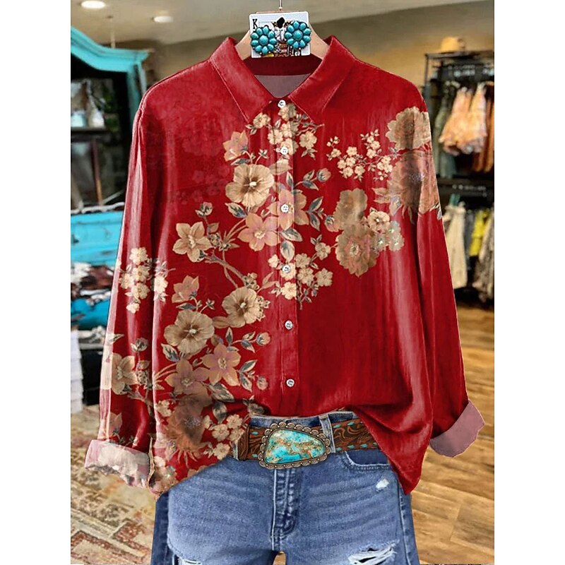 Women's Shirt Graphic Animal Elegant Bohemia Daily Long Sleeve Shirt Collar Regular Tops Work Daily Buttons Print Red Orange Brown Green Beige Spring Fall Winter3
