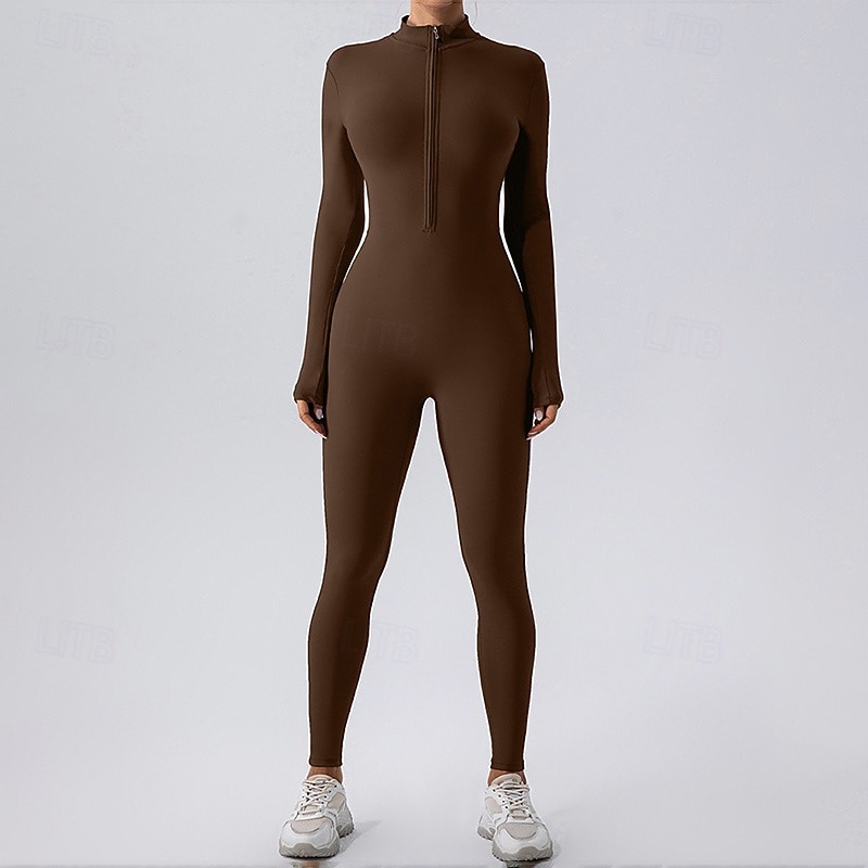 Women's Workout Jumpsuit One Piece Romper Zip Up Solid Color Bodysuit Black White Gym Pilates Yoga Tummy Control Long Sleeve Sport Activewear Tight Fit2
