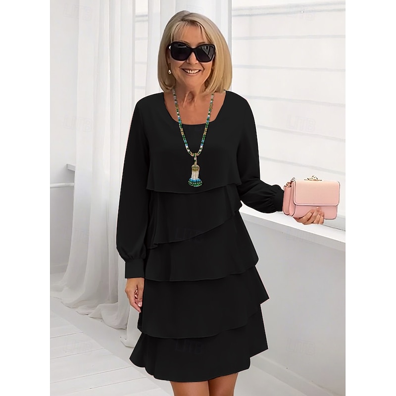 Women's Midi Dress Tiered Dress Elegant Going out Regular Fit Pure Color Long Sleeve Crew Neck Black Pink Red Blue Fall3