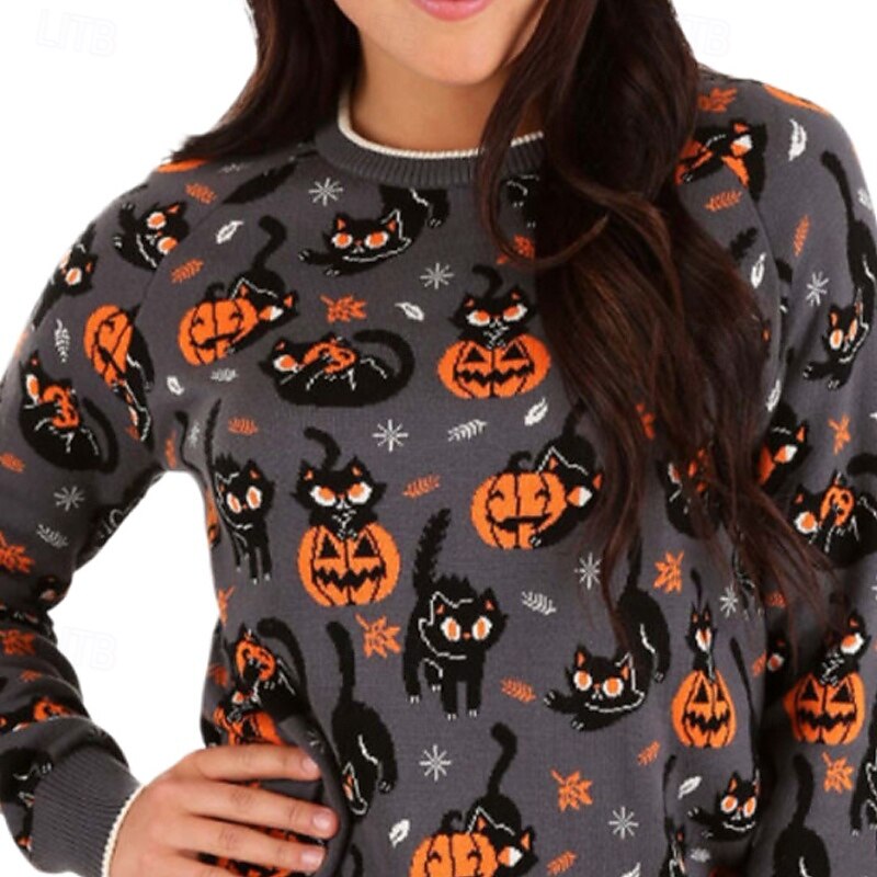 Women's Sweater Pullover Casual Pumpkin Ribbed Crew Neck Knitted Print Long Sleeve Regular Tops Knit Halloween Daily Going out Dark Gray Winter2