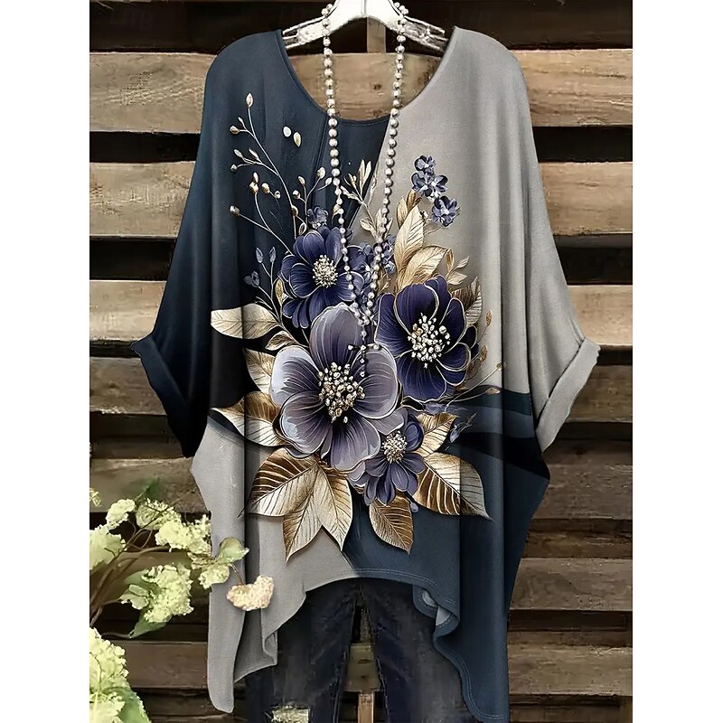 Women's Blouse Floral Graphic Animal Vintage Daily Casual Half Sleeve Batwing Sleeve Crew Neck Regular Tops Daily Holiday Beach Wear Asymmetric Orange Rainbow Beige Gray Summer Spring4
