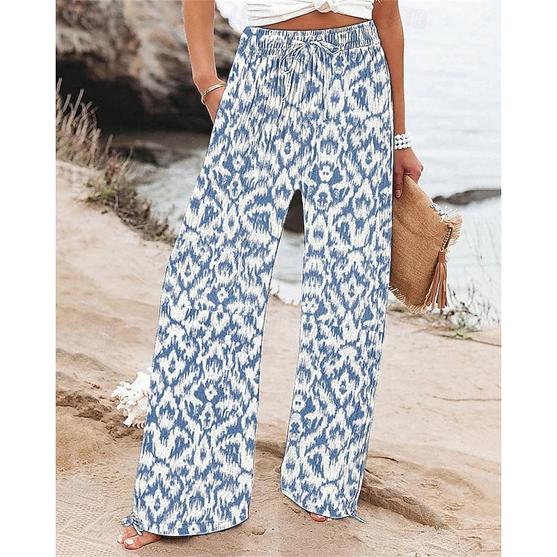Women's Wide Leg Pants Trousers Palazzo Pants Fashion Boho Full Length High Waist Abstract Drawstring Elastic Waist Print Breathability Comfortable Street Daily Wear Going out Blue Spring Fall