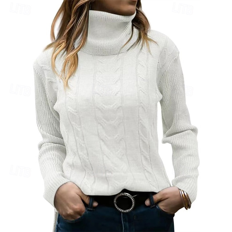 Women's Sweater Fashion Streetwear Casual Pure Color Ribbed Turtleneck Knitted Long Sleeve Regular Tops Knit Outdoor Daily Weekend Black White Fall Winter
