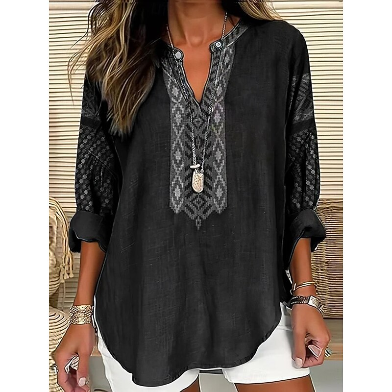 Women's Blouse Graphic Geometric Vintage Tropical Hawaiian Long Sleeve V Neck Regular Tops Daily Holiday Beach Wear Print Black Blue Camel Green Summer Spring3