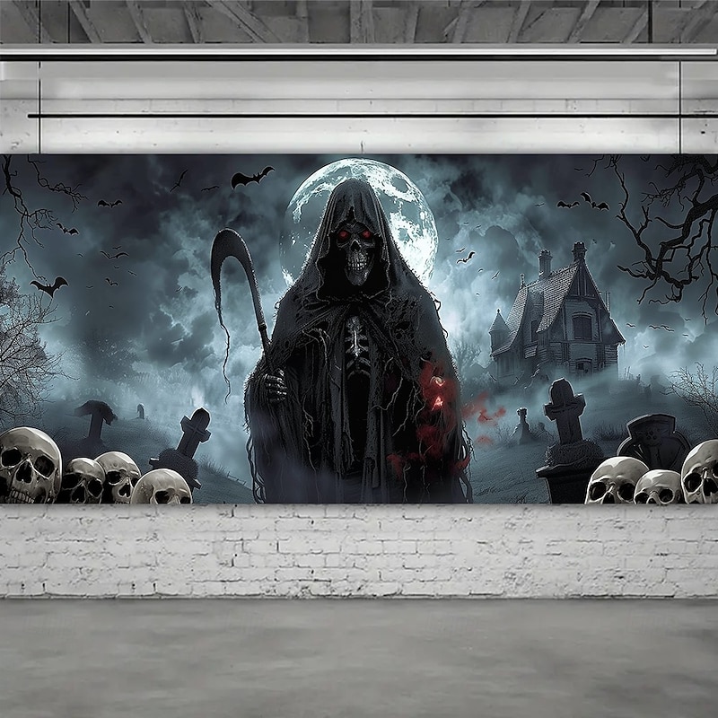 Halloween Garage Door Cover Grim Reaper Skeleton Banner Moonlight Cemetery Scene Scary Haunted House Backdrop Tapestry for Outdoor Decoration3