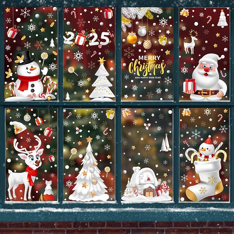 9 Sheets Christmas Window Cling Wall Sticker Decals Decorations, Candy Canes, Snow Houses, Snowflakes, Santa Claus, Reindeer & Snowmen, Static Cling, Holiday Home & Store Decor3