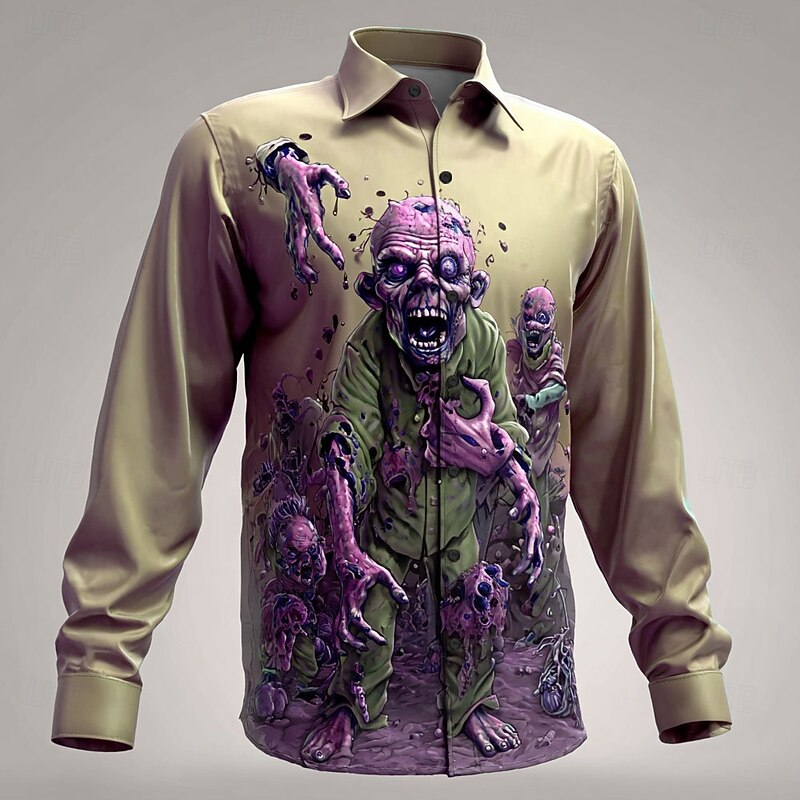 Halloween Men's Zombies Halloween Costumes Shirt Button Up Shirt Long Sleeve Dark Punk Gothic Style Outdoor Holiday Summer Spring Turndown 3D Print Collared Shirts Blue Purple Green Khaki3