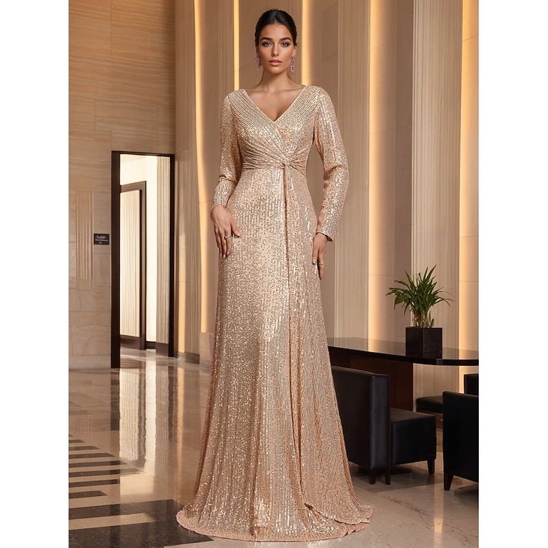 Black Tie A-Line Evening Gown Elegant Dress Formal Wedding Floor Length Long Sleeve V Neck Sequined with Ruched Knots 2025