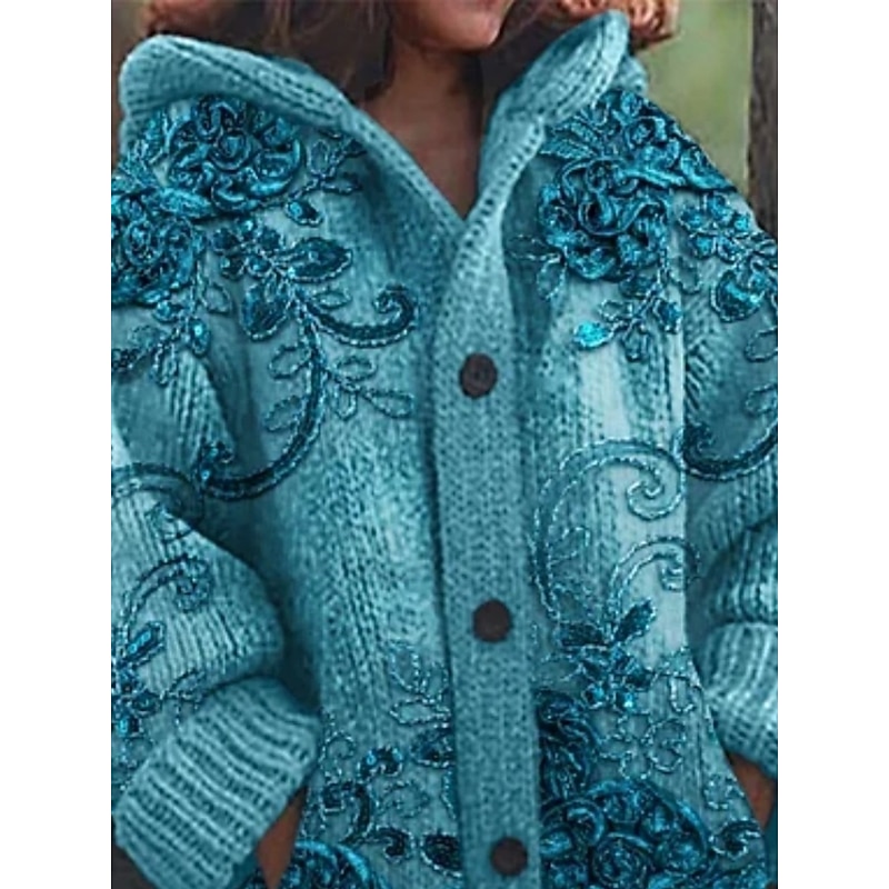 Women's Cardigan Vacation Daily Floral Ribbed Hooded Knitted Print Front Pocket Long Sleeve Regular Tops Knit Outdoor Daily Holiday Blue Purple Fall Winter2