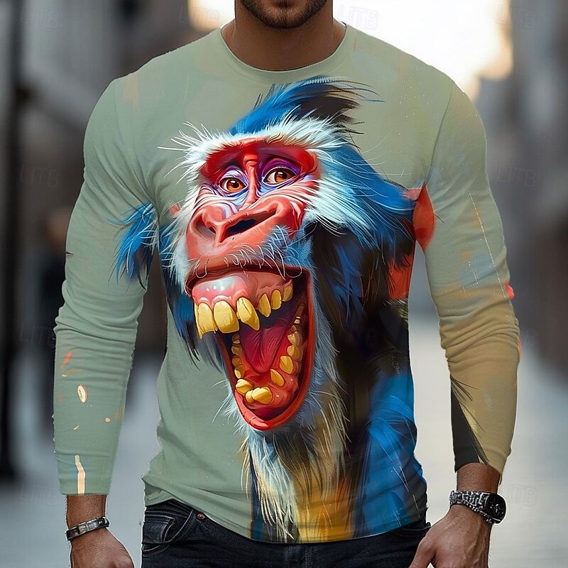 Men's Animal 3D Funny T Shirt Long Sleeve T shirt 3D Print Crew Neck Shirt Fashion Basic Street Casual Daily Mint Green Gray Summer Spring Clothing Apparel S M L XL XXL XXXL2