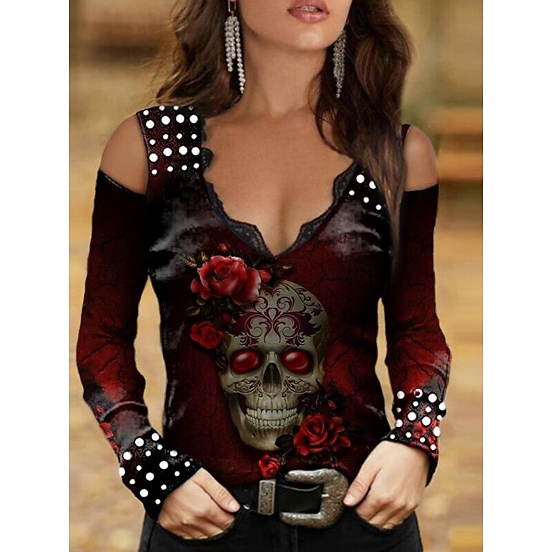 Halloween Women's Blouse Floral Vintage Retro Vintage Rock Long Sleeve V Neck Regular Tops Daily Patchwork Print Wine Navy Blue Blue Purple Fuchsia Spring Fall