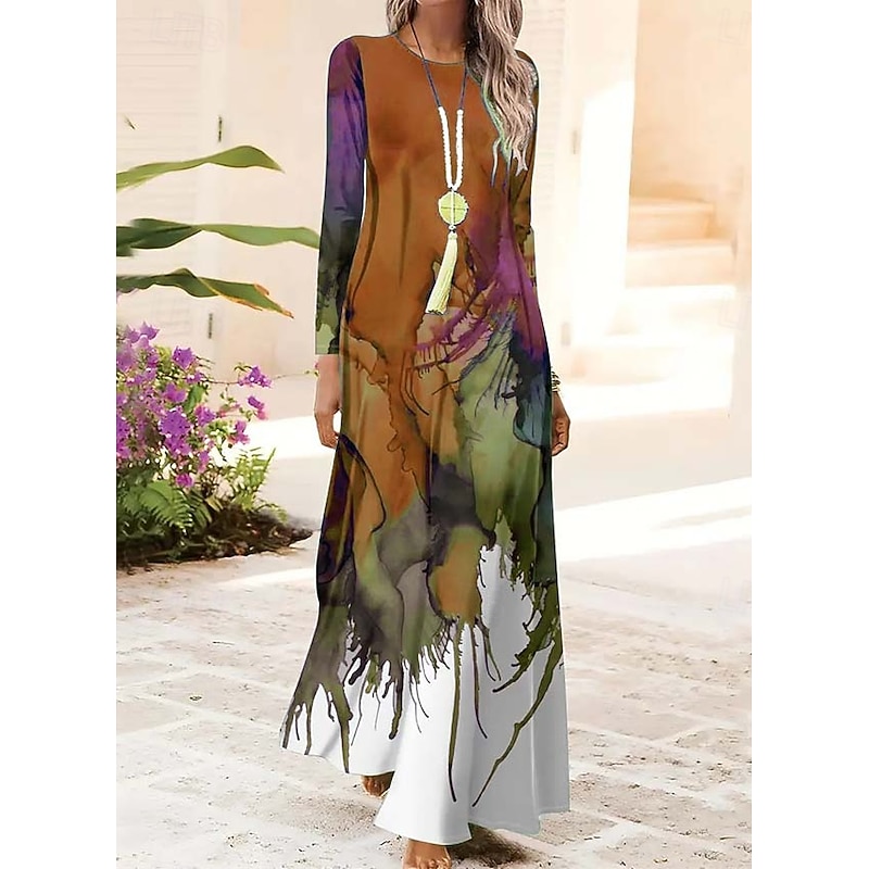 Women's Maxi Dress Shift Dress A Line Dress Party Casual Boho Daily Date Going out Regular Fit Ombre Graphic Tie Dye Long Sleeve Crew Neck Red Blue Orange Green Spring Fall Winter Autumn4