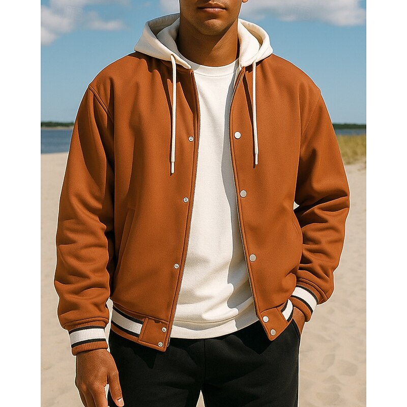 Men's Outdoor Jacket Baseball Jacket with Pockets Long Sleeve Outerwear Athletic Fall Color Block Breathable Outdoor Travel Sports Sportswear Activewear Black Brown Beige3