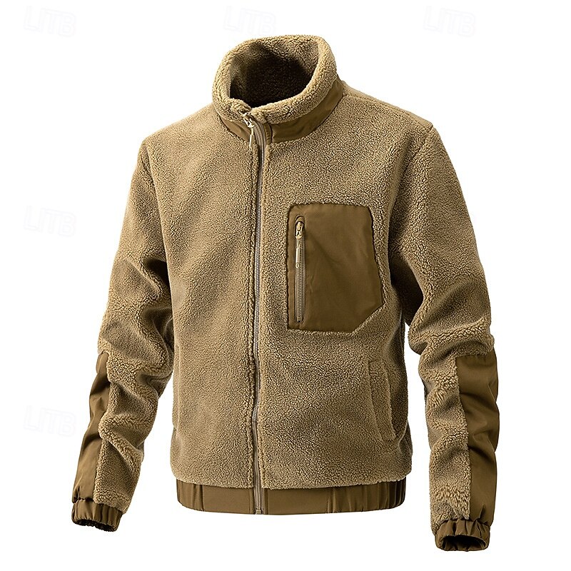 Men's Fleece Jacket Casual Thermal Warm Plain Winter Solid Color Casual Stand Collar Regular Camel Black Navy Blue Army Green Jacket4